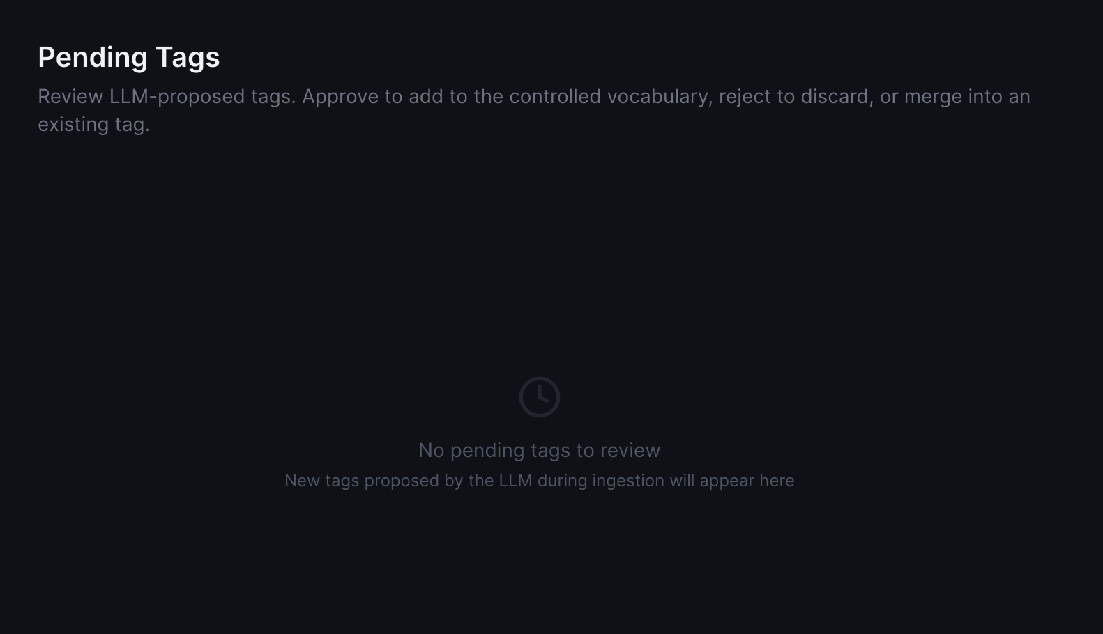 Pending tags review panel for approving, rejecting, or merging LLM-proposed tags