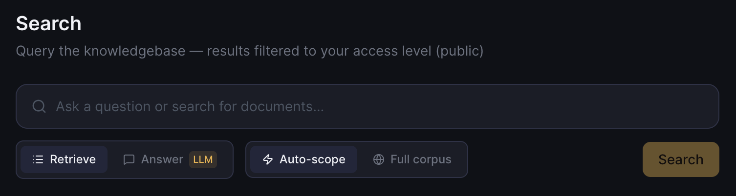 Search interface with retrieve and answer modes, and a full-corpus or auto-scope toggle